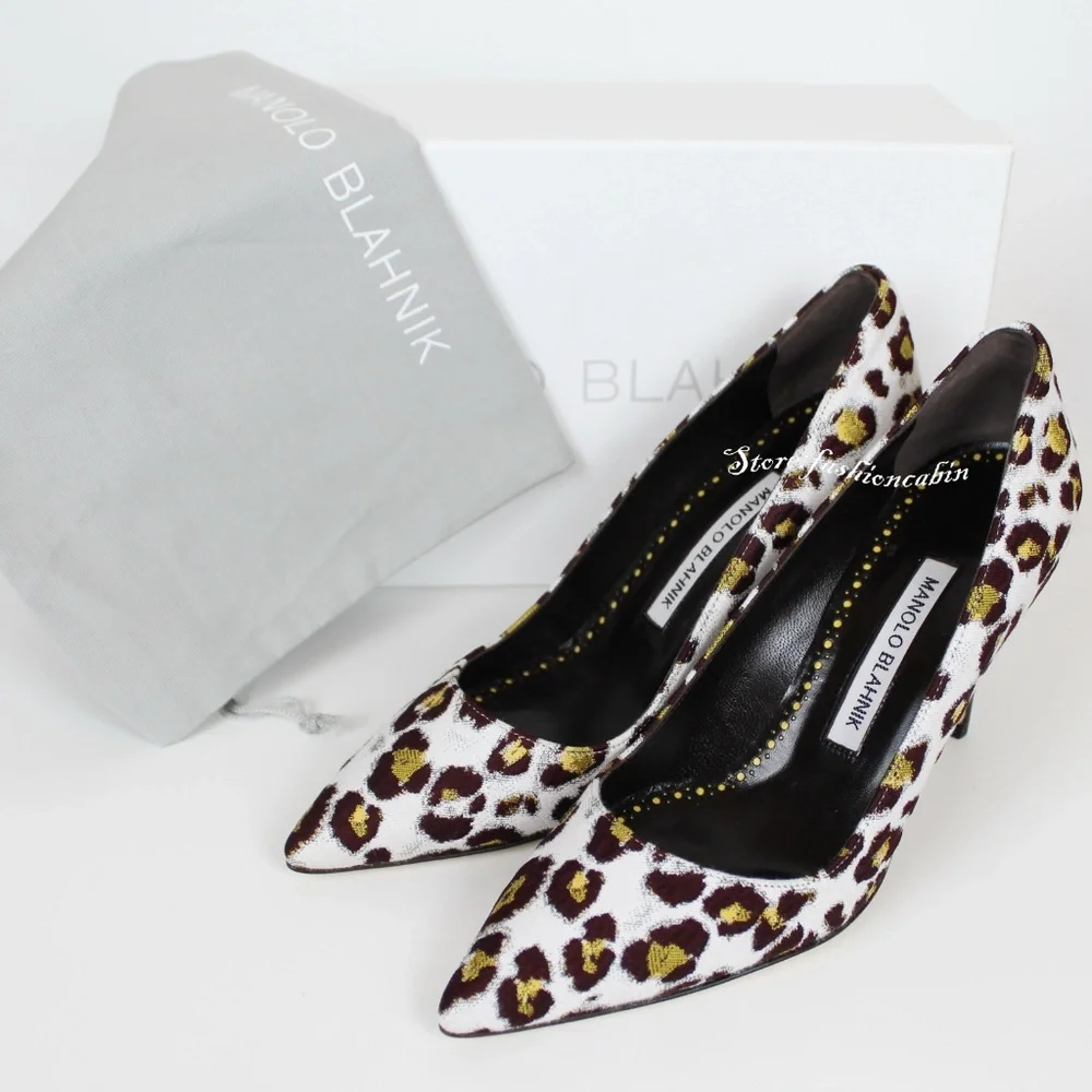 NEW Manolo Blahnik BB Leopard Print Pointed Toe Pumps Multi EU 36.5